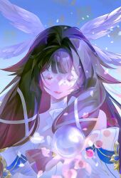  1girl bare_shoulders black_hair blue_sky blunt_bangs bow bowtie choker closed_eyes closed_mouth columbina_(genshin_impact) commentary criss-cross_halter day dress eye_mask eyelashes feathered_wings floating_hair flower genshin_impact gradient_hair hair_ornament halterneck hand_up head_wings highres lips long_hair long_sleeves magic mask multicolored_hair multiple_wings off-shoulder_dress off_shoulder orb outdoors petals pink_flower pink_hair sidelocks sky smile solo thahnga1201 two-tone_hair upper_body very_long_hair white_bow white_bowtie white_choker white_dress white_mask wide_sleeves wings x_hair_ornament 