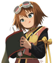 1girl :p arm_bow black_shirt bow brown_hair commentary goggles goggles_on_head green_eyes hair_between_eyes holding holding_pen holding_scroll long_sleeves nathan_stefv pen rita_mordio scroll shirt short_hair signature solo tales_of_(series) tales_of_vesperia tongue tongue_out white_background writing yellow_bow 