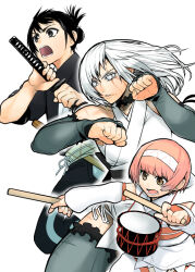  bare_shoulders black_choker black_eyes black_kimono bridal_gauntlets bright_pupils brown_eyes character_request child choker clenched_hands commentary_request detached_sleeves drum drumsticks fighting_stance frilled_choker frilled_thighhighs frills fujita_kakuji grey_bridal_gauntlets holding holding_drumsticks holding_sword holding_weapon hood hood_down hooded_kimono instrument japanese_clothes katana kimono long_sleeves multiple_scars obi obijime open_mouth parted_lips pelvic_curtain sash scar scar_across_eye scar_on_cheek scar_on_face scar_on_hand scar_on_shoulder scar_on_thigh scars_all_over short_sleeves simple_background sleeveless sleeveless_kimono sword thigh-highs tokugawa_no_mashira tsuki_(tokugawa_no_mashira) weapon white_background white_eyes white_kimono white_pupils 