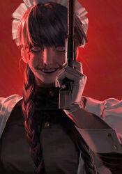  1911 1girl absurdres black_dress black_hair black_lagoon blood blood_on_cheek blood_on_face braid braided_twintails buttoned_cuffs buttons commentary_request dress finger_on_trigger gloves gun handgun highres holding holding_gun holding_weapon long_hair maid maid_headdress nosebleed red_background red_eyes roberta_(black_lagoon) smile suppressor tangtangjj weapon white_gloves 