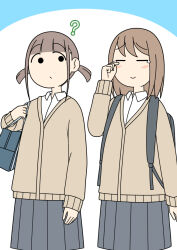  2girls ? backpack bag blue_background blush brown_cardigan brown_hair cardigan closed_eyes closed_mouth collared_shirt commentary_request dress_shirt grey_skirt hand_up happy_tears juukyuu multiple_girls original pleated_skirt school_bag school_uniform shirt skirt smile solid_circle_eyes tears tomo_(juukyuu) twintails two-tone_background white_background white_shirt wiping_tears yui_(juukyuu) 