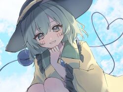  1girl black_hat blue_sky blush buttons clouds collared_shirt commentary_request day diamond_button disembodied_linked_eye eyeball frilled_shirt_collar frilled_sleeves frills green_eyes green_hair hat heart heart_of_string highres komeiji_koishi long_sleeves looking_at_viewer open_mouth shirt sky smile solo touhou wide_sleeves yellow_shirt yoizumi 