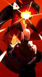  1girl absurdres aiming black_hat black_horns commentary_request curled_horns dragon_girl dragon_horns fingerless_gloves gloves green_eyes hat highres horns long_hair magus_(zenless_zone_zero) mechanical_horns mechanical_tail one_eye_closed orange_hair orange_pupils orphie_magnusson pointing pointy_ears powering_up red_background signature tail zenless_zone_zero zeroartwo 