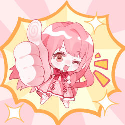 1girl argyle_clothes argyle_dress artist_request bloom_poetry_(shining_nikki) bow bow_legwear bowtie brown_eyes chibi chinese_commentary commentary_request cross-laced_clothes cross-laced_legwear dress eyelashes hand_on_own_hip happy kneehighs legs_apart long_hair long_sidelocks long_sleeves looking_at_viewer medium_dress nikki_(nikki) nikki_(series) no_shoes official_art one_eye_closed open_mouth outstretched_arm pinafore_dress pink_background pink_bow pink_dress pink_hair pleated_dress red_bow red_bowtie second-party_source shining_nikki shirt sidelocks single_hair_intake sleeveless sleeveless_dress smile socks solo sparkle standing thumbs_up two-tone_background very_long_hair white_shirt white_socks yellow_background 