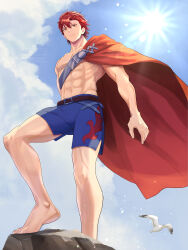  1boy abs absurdres barefoot bird closed_mouth commentary_request diamant_(fire_emblem) fire_emblem fire_emblem_engage highres male_focus male_swimwear navel nipples outdoors pectorals red_hair seagull short_hair solo swim_trunks toned toned_male zuguroman 