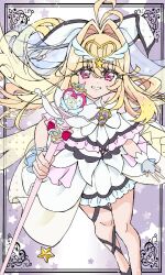  1girl antenna_hair blonde_hair blush bow brooch capelet commentary_request cure_arcana_(future_form) dress frilled_capelet frilled_cuffs frills gradient_hair hair_intakes hair_ornament heart heart_brooch highres isuzu_(an_icy_cat) jewelry large_bow leg_ribbon long_hair looking_at_viewer magical_girl meitantei_precure! moria_luluka multicolored_hair open_mouth precure ribbon shine_arcana_rod smile solo staff teeth veil very_long_hair white_capelet white_dress white_veil winged_heart wings wrist_cuffs 
