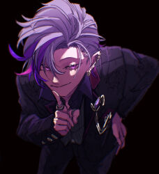  1boy black_background black_jacket black_pants blurry blurry_background closed_mouth ear_piercing earrings fuwa_minato fuwa_minato_(2nd_costume) hand_on_own_hip ikapnmn2 index_finger_raised jacket jewelry looking_at_viewer male_focus multicolored_hair multiple_earrings nijisanji pants piercing purple_hair ring short_hair simple_background smile solo standing streaked_hair violet_eyes virtual_youtuber 