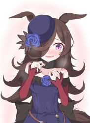  1girl absurdres animal_ears back_bow bare_shoulders black_bow blue_dress blue_flower blue_hat blue_rose blush bow breasts breath brown_hair collarbone commentary_request covered_navel dagger dress fascinator flipped_hair flower fur_choker gradient_background hair_over_one_eye hands_up hat hat_flower highres horse_ears horse_girl horse_tail knife long_hair long_sleeves medium_breasts mezyoma off-shoulder_dress off_shoulder open_mouth pink_background red_sleeves rice_shower_(rosy_dreams)_(umamusume) rice_shower_(umamusume) rose sheath sheathed simple_background solo sweatdrop tail tilted_headwear umamusume upper_body violet_eyes weapon white_background 