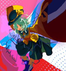  1girl :d black_hat blouse bow buttons commentary_request diamond_button disembodied_linked_eye eyeball foreshortening frilled_shirt_collar frills from_above full_body green_eyes green_hair green_skirt hat hat_bow hat_ribbon highres holding holding_knife i_love_suwako knife komeiji_koishi long_sleeves looking_at_viewer open_mouth ribbon shirt short_hair simple_background skirt smile solo touhou wide_sleeves yellow_bow yellow_ribbon yellow_shirt 