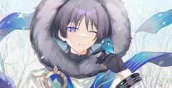  1boy absurdres anemo_symbol_(genshin_impact) aqua_gem bare_tree bishounen black_gloves black_hair blue_scarf blunt_ends cloak commentary_request diffraction_spikes eyelashes eyeliner fur_hood garann14 gem genshin_impact gloves gold gold_trim grey_hood half_gloves highres hood hood_up hooded_cloak hoyofair looking_at_animal makeup male_focus multicolored_hair official_alternate_costume one_eye_closed outdoors overcast parted_lips portrait purple_hair red_eyeliner scaramouche_(genshin_impact) scarf sky snowing solo streaked_hair tree tsurime violet_eyes vision_(genshin_impact) wanderer_(genshin_impact) wanderer_(nord_express)_(genshin_impact) white_cloak white_mouth wolf_cut 