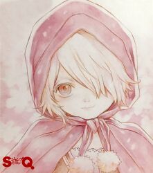  1girl asada_hiroyuki blonde_hair character_request check_copyright copyright_request hair_over_one_eye highres hood hood_up looking_at_viewer pom_pom_(clothes) red_eyes red_hood smile snowing solo tegami_bachi winter 
