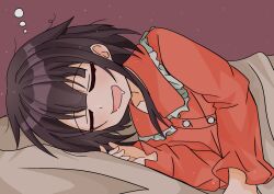  1girl brown_hair closed_eyes collarbone_peek commentary_request dot_nose drooling highres kono_subarashii_sekai_ni_shukufuku_wo! loose_hair_strand lying megumin ogiharuto open_mouth pajamas red_pajamas shirt short_hair short_hair_with_long_locks simple_background sleeping smile solo squeans 