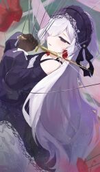  1girl absurdres bare_shoulders black_hands black_ribbon blue_dress blue_hairband bug butterfly colored_extremities commentary_request crescent crescent_necklace crying crying_with_eyes_open dated dress frilled_dress frilled_hairband frills gothic_lolita hair_over_one_eye hair_ribbon hairband highres holding holding_knife jewelry knife lolita_fashion lolita_hairband long_hair long_sleeves mahou_shoujo_no_majo_saiban marionette natsume_an-an necklace off-shoulder_dress off_shoulder one_eye_covered puppet puppet_strings red_butterfly ribbon solo spoilers ssigune1_1 tears violet_eyes white_hair witch_(manosaba) 