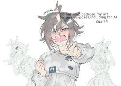  1girl ahoge aisutabetao animal_ears blush brown_hair commentary_request dated english_text fang grey_eyes hair_ornament hair_over_one_eye hairclip highres horse_ears horse_girl multicolored_hair multiple_views open_mouth pointing pointing_at_viewer rulership_(casual)_(umamusume) rulership_(umamusume) runny_nose school_uniform skin_fang snot solo streaked_hair tearing_up tracen_school_uniform twitter_username umamusume watermark white_background white_streaks 