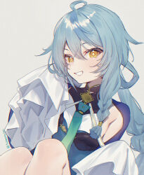  1girl ahoge blue_dress blue_hair blue_shrug blue_streaks blush braid breasts chinese_clothes chinese_knot commentary_request cross-shaped_pupils double-parted_bangs dress grey_background grin hair_between_eyes hair_rings highres knee_up long_hair long_sleeves looking_at_viewer low_twintails missing_headwear multicolored_hair natsuhiko nijisanji shrug_(clothing) side_braid simple_background single_braided_sidelock single_hair_streak sleeves_past_fingers sleeves_past_wrists small_breasts smile solo streaked_hair symbol-shaped_pupils tamanoi_nana tamanoi_nana_(1st_costume) twintails twitter_username v-shaped_eyebrows virtual_youtuber yellow_eyes 