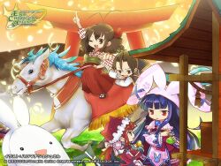  1boy 3girls alucard_lore antenna_hair black_cloak blue_hair bow brown_hair capelet cloak company_name copyright_logo copyright_notice emil_chronicle_online frilled_capelet frills hair_bow hakama hakomachi_shushu hat horseback_riding japanese_clothes kimono logo long_hair mitama_mikoto multiple_girls new_year official_alternate_costume official_art open_mouth pink_bow pink_capelet ponytail rabbit rabbit_ear_headwear red_eyes red_hakama red_hat red_kimono red_shirt riding shirt torii white_kimono 