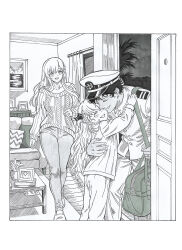  1boy 2girls absurdres azur_lane bag belfast_(azur_lane) border borrowed_character braid commander_(azur_lane) commission couch curtains dark-skinned_male dark_skin denim english_commentary family flamelo half_up_braid hat hatching_(texture) highres hug hunched_over husband_and_wife indoors jacket jeans linear_hatching little_bel_(azur_lane) long_hair long_sleeves military_hat military_uniform multiple_girls open_door original pajamas pants parent_and_child parted_lips peaked_cap photo_(medium) picture_frame pillow ribbed_sweater short_hair shoulder_bag shoulder_boards sidelocks slippers smile standing suit_jacket suit_pants sweater table traditional_media wavy_hair white_border window woven_hatching 