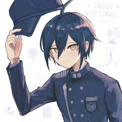  1boy ahoge black_hair black_jacket breast_pocket brown_eyes commentary_request danganronpa_(series) danganronpa_v3:_killing_harmony hair_between_eyes happy_birthday hat highres holding jacket k24y_ronpa long_sleeves looking_at_viewer male_focus pocket saihara_shuichi short_hair simple_background smile striped_clothes striped_jacket 