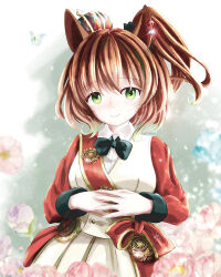  1girl animal_ears aston_machan_(flare)_(umamusume) aston_machan_(umamusume) black_bow black_bowtie blush bow bowtie breasts brown_hair closed_mouth collared_shirt commentary_request crown green_eyes hair_ornament hair_scrunchie highres horse_ears horse_girl jacket long_sleeves looking_at_viewer mini_crown red_sash red_scrunchie red_sleeves sash scrunchie shirt shoulder_sash skirt smile solo tilted_headwear umamusume white_jacket white_shirt yukimaru_(39ramaru) 