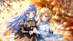  2girls :d ahoge animal assault_lily autumn autumn_leaves black_ribbon black_skirt blue_hair blue_kimono blurry blurry_foreground blush braid brown_eyes brown_hair closed_mouth commentary_request copyright_request cowboy_shot cropped_jacket day eye_contact falling_leaves floral_print flower frog gem gem_hair_ornament glint hair_flower hair_ornament half_crown_braid hand_up hands_up high-waist_skirt holding_another's_hair holding_hands interlocked_fingers japanese_clothes jewelry juliet_sleeves kimono kise_inaka leaf long_hair long_sleeves looking_at_another low_twin_braids low_twintails medium_hair multiple_girls neck_ribbon obi obijime official_alternate_costume official_art open_mouth outdoors print_kimono puffy_sleeves red_gem ribbon ring rokkaku_shiori sash school_uniform side-by-side skirt smile sparkle standing taniguchi_hijiri tearing_up twin_braids twintails very_long_hair white_flower yuri yurigaoka_girls_academy_school_uniform 