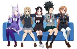  blush couch crossover highres horse_girl kotobuki_tsumugi mejiro_mcqueen_(umamusume) school_uniform shinomiya_kaguya sitting smile tea vodka13 yaoyorozu_momo 