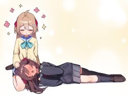  2girls =_= ahoge aqua_bow aqua_bowtie asymmetrical_legwear black_cardigan black_sailor_collar black_skirt black_socks black_thighhighs blue_sailor_collar blue_skirt blush bow bowtie broken_heart broken_heart_hair_ornament brown_shoes cardigan commentary english_commentary evil_neuro-sama evil_neuro-sama_(1st_costume) flower full_body hair_between_eyes hair_ornament hair_ribbon heart heart_hair_ornament highres lap_pillow long_hair long_sleeves lying multiple_girls neuro-sama neuro-sama_(1st_costume) no_eyes on_side open_mouth pleated_skirt red_ribbon ribbon sailor_collar shoes siblings simple_background single_sock single_thighhigh sisters sitting skirt socks sparkle tanhuluu thigh-highs triangle_mouth twins two_side_up uneven_legwear vedal_ai virtual_youtuber wariza white_background yellow_cardigan 
