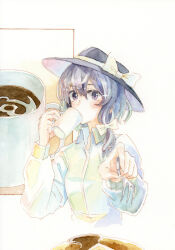  1girl asymmetrical_sidelocks black_hat bow coffee collared_shirt commentary_request cropped_torso cup drinking food fork hair_bow hat hat_bow holding holding_cup holding_fork long_sleeves medium_hair mononofu7 mug pancake purple_hair shirt sidelocks simple_background solo syrup touhou traditional_media usami_renko violet_eyes white_background white_bow white_shirt 