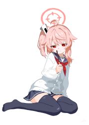  1girl ahoge arm_at_side black_sailor_collar black_skirt black_thighhighs blue_archive cardigan closed_mouth commentary food full_body hair_between_eyes halo hand_up highres holding holding_food holding_pocky inkari legs long_hair long_sleeves looking_at_viewer miniskirt natsu_(blue_archive) neckerchief no_shoes pink_hair pink_halo pleated_skirt pocky red_eyes red_neckerchief sailor_collar school_uniform serafuku side_ponytail sidelocks simple_background sitting skirt slit_pupils smile solo split_mouth thigh-highs trinity_general_school_logo tsurime white_background white_cardigan yokozuwari zettai_ryouiki 