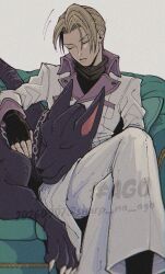  1boy animal black_gloves blonde_hair chain closed_eyes closed_mouth coat couch crossed_legs dark_nation dog english_commentary feet_out_of_frame final_fantasy final_fantasy_vii fingerless_gloves gloves grey_coat long_sleeves male_focus motion_lines on_couch parted_bangs rufus_shinra sharp_na_ago short_hair sitting twitter_username 