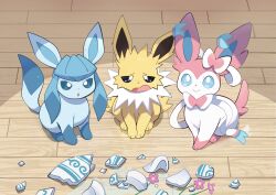  absurdres blue_eyes blue_fur bright_pupils broken_vase glaceon highres jolteon komanychi looking_at_viewer no_humans open_mouth pink_fur pokemon pokemon_(creature) sitting sylveon tail two-tone_fur white_fur white_pupils wooden_floor yellow_fur 