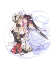  2girls black_dress black_hair blue_eyes bonnet brown_hair closed_mouth colored_inner_hair columbina_(genshin_impact) commentary desasprio dress english_commentary eye_contact genshin_impact gloves head_wings highres holding_hands long_hair looking_at_another multicolored_hair multiple_girls purple_dress purple_hair purple_nails sandrone_(genshin_impact) simple_background unusually_open_eyes very_long_hair violet_eyes white_background white_bonnet white_gloves wings yuri 