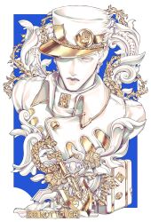  1boy arrow_(jojo) blue_background brooch chain closed_mouth coat colored_skin commentary earrings english_text gold_chain hat hat_over_one_eye highres jewelry jojo_no_kimyou_na_bouken kujo_jotaro limited_palette looking_at_viewer male_focus partially_colored peaked_cap plant shirt solo star_(symbol) statue stud_earrings turtleneck turtleneck_shirt untranslatable_commentary upper_body vento_aureo white_coat white_eyes white_hat white_shirt white_skin wing_collar zhhy3324 