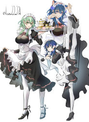  1girl animal_ears apron black_dress blue_eyes blue_hair breasts cat_ears commentary_request cup dress enmaided female_byleth_(awakened)_(fire_emblem) female_byleth_(fire_emblem) fire_emblem fire_emblem:_three_houses frilled_thighhighs frills green_eyes green_hair high_heels high_kick highres holding holding_tray kazu20200224 kemonomimi_mode kicking large_breasts long_sleeves maid maid_apron maid_headdress multiple_views official_alternate_hair_color paw_pose simple_background teacup teapot thigh-highs tray twitter_username white_background white_thighhighs 
