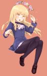  1girl bangs black_legwear blonde_hair blunt_bangs blush cravat eyebrows flower glasses head_wreath hloox loafers long_hair long_sleeves military military_uniform open_mouth orange_background pantyhose perrine_h_clostermann shoes simple_background solo strike_witches sweatdrop uniform yellow_eyes 