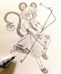  1girl animal_ears art_tools_in_frame basket blush capelet commentary_request dowsing_rod dual_wielding highres holding holding_with_tail jewelry leg_up mouse_(animal) mouse_ears mouse_girl mouse_tail nazrin necklace open_mouth pendant photo_(medium) prehensile_tail shirt shoes skirt smile socks solo tail touhou traditional_media vest zerrrou 