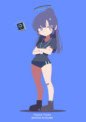  1girl absurdres bandeau bare_legs black_boots black_shirt blue_archive blue_background blue_bandeau blue_eyes blue_hair blue_halo boots breasts closed_mouth commentary crossed_arms drone full_body halo high_ponytail highres hoshi_kitsune id_card large_breasts long_hair looking_to_the_side ponytail shirt solo standing t-shirt yuuka_(blue_archive) yuuka_(track)_(blue_archive) 