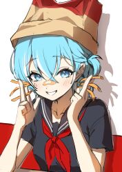  1girl absurdres aqua_eyes aqua_hair arahashi_tabi bag bandaid bandaid_on_face bandaid_on_nose black_sailor_collar black_serafuku black_shirt breasts brown_hat commentary_request elbows_on_table food french_fries grin hands_up hat highres holding holding_food kkochmanyeo korean_commentary light_blush looking_at_viewer multicolored_hair neckerchief paper_bag red_hat red_neckerchief sailor_collar school_uniform serafuku shirt short_side_ponytail short_sleeves side_ponytail small_breasts smile solo stellive streaked_hair two-tone_hat upper_body virtual_youtuber w white_streaks 