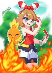  1girl absurdres bag bike_shorts bike_shorts_under_shorts blue_eyes brown_hair dznovart fire forest hairband happy highres holding holding_poke_ball holding_pokedex may_(pokemon) medium_hair mega_ring mega_stone nature nintendo open_mouth poke_ball pokedex pokemon pokemon_(creature) pokemon_omega_ruby_and_alpha_sapphire red_hairband red_shirt ribbon shirt shorts sleeveless sleeveless_shirt smile standing thighs tight_clothes torchic 