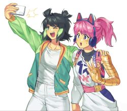  >_o 2girls :d ;d animal_ear_headphones animal_ears animification arm_at_side belt black_hair cat_ear_headphones cat_ears cellphone commentary_request cowboy_shot creator_connection crossover double_bun fake_animal_ears green_eyes green_jacket green_streaks hair_bun hand_on_another's_shoulder headphones highres holding holding_phone jacket korean_commentary lego_monkie_kid letterman_jacket long_hair long_sleeves mei_(monkie_kid) multicolored_hair multiple_girls ninjago ninjago:_dragons_rising one_eye_closed open_clothes open_jacket open_mouth pants phone pink_belt pink_hair ponytail prosthesis prosthetic_arm selfie shirt short_hair simple_background smartphone smile sora_(ninjago) ss04pe_jb standing streaked_hair sweat violet_eyes w white_background white_jacket white_pants white_shirt 