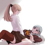  2girls :t aqua_eyes blush brown_eyes brown_hair brown_legwear brown_shirt brown_skirt ear_blush green_eyes hair_ornament jikasei kantai_collection kumano_(kantai_collection) long_hair multiple_girls neckerchief pleated_skirt ponytail skirt straddling surprised suzuya_(kantai_collection) sweatdrop thigh-highs white_background zettai_ryouiki 