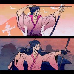  absurdres bird black_gloves bow_(weapon) commentary_request gloves hair_bun half_updo highres holding holding_bow_(weapon) holding_weapon izou_(one_piece) japanese_clothes jolly_roger kani_cherrypie kimono letterboxed one_piece pink_kimono raizo_(one_piece) red_lips scar scar_on_face weapon whitebeard_pirates_jolly_roger 