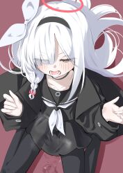 1girl absurdres black_choker black_coat black_eyes black_hairband black_sailor_collar black_serafuku blue_archive braid choker coat commentary english_commentary from_above hair_over_one_eye hairband halo highres long_hair long_sleeves neckerchief plana_(blue_archive) red_halo ribbon sailor_collar school_uniform serafuku sharp_to_sharp single_braid sitting solo wariza white_hair white_neckerchief white_ribbon 