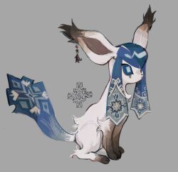  alternate_color blue_eyes blue_fur bright_pupils brown_fur closed_mouth diamond-shaped_pupils diamond_(shape) dizzychelsy ear_ornament english_commentary full_body glaceon highres no_humans original pokemon pokemon_(creature) pokemon_focus simple_background sitting solo symbol-shaped_pupils tail white_fur white_pupils 