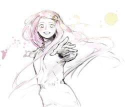  1girl character_request copyright_request dress grin hair_ornament hairclip let_ink long_hair outstretched_arms pink_hair smile solo spread_arms white_dress 