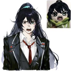  1boy 2jomii black_coat black_hair black_vest cabbage coat collared_shirt commentary_request half_updo highres hong_lu_(project_moon) lapels limbus_company long_hair necktie notched_lapels out_of_character project_moon red_necktie screaming shirt silver_trim simple_background solo very_long_hair vest white_background white_shirt 