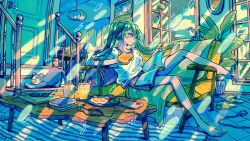  1girl absurdly_detailed_composition ahoge animal barefoot bird bite_mark book book_stack bread bread_slice breasts cable can cat clouds coffee_table commentary_request controller couch door drink_can egg_(food) electric_plug food full_body glass green_hair hatsune_miku headphones highres holding holding_book holding_bread indoors loaded_interior long_hair looking_at_object lying morning on_couch open_window pillow plant plate port_(portzzz) potted_plant reading relaxing remote_control rug shirt shorts sky slice_of_life slippers small_breasts soda_can solo stairs summer sunlight table toast turning_page twintails unworn_headphones unworn_slippers very_long_hair vocaloid white_shirt window 
