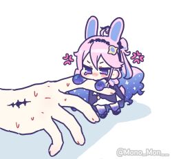  1boy 1girl ahoge anger_vein animal_ears biting biting_another's_finger blue_eyes blue_hair colored_extremities colored_inner_hair commentary_request denia_(breakdown)_(wuthering_waves) denia_(wuthering_waves) dress hair_ornament kemonomimi_mode korean_commentary male_rover_(wuthering_waves) mini_person minigirl mono_mon multicolored_hair pink_hair purple_dress rabbit_ears rabbit_girl rover_(wuthering_waves) tacet_mark_(wuthering_waves) tearing_up twitter_username wuthering_waves 
