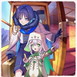  1girl 2boys aqua_hair ascot asymmetrical_sidelocks black_gloves black_hair black_shorts blue_cape blue_gem blue_hat blue_scarf blunt_ends braid_over_shoulder briefcase bright_pupils cape caramelo_game closed_mouth cross-shaped_pupils dottore_(genshin_impact) dress epaulettes eyelashes eyeliner feathers fur_hood gem genshin_impact gloves gold_trim green_cape green_hair green_hat green_pupils hair_between_eyes hair_intakes hand_up hat head_down height_difference highres holding holding_briefcase holding_ticket hood hood_down hooded_cape hoyofair lapels long_hair long_sleeves looking_at_another looking_to_the_side makeup multicolored_hair multiple_boys nahida_(genshin_impact) nahida_(nord_express)_(genshin_impact) official_alternate_costume official_alternate_hairstyle outstretched_arm pillbox_hat pointing pointing_to_the_side pointy_ears pom_pom_(clothes) red_eyeliner scaramouche_(genshin_impact) scarf shirt shorts sidelocks streaked_hair symbol-shaped_pupils ticket train_conductor train_interior tsurime two-sided_cape two-sided_fabric two-sided_headwear ushanka violet_eyes vision_(genshin_impact) wanderer_(genshin_impact) wanderer_(nord_express)_(genshin_impact) watermark white_ascot white_cape white_dress white_gloves white_hair white_hat white_pupils white_shirt white_sleeves window wispy_bangs yellow_feathers 
