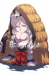  1girl anastasia_(fate) anastasia_(swimsuit_archer)_(second_ascension)_(fate) blue_eyes bow braid character_name commentary_request echo_(circa) fate/grand_order fate_(series) flower_wreath hair_bow hair_over_one_eye head_wreath knees_up long_hair looking_at_viewer squatting twin_braids very_long_hair viy_(fate) white_hair 