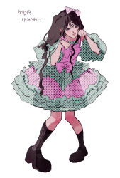  1girl black_shoes black_socks bow brown_eyes brown_hair character_request closed_mouth copyright_request dress green_dress highres korean_text looking_at_viewer murrang_f paw_pose pink_lips polka_dot polka_dot_bow polka_dot_dress shoes socks solo translation_request white_background 